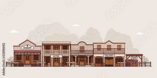 Wild west town landscape. Old western themed background for your projects. Colorful vector illustration. photo