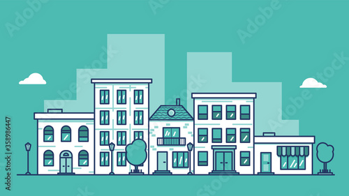 Fototapeta Naklejka Na Ścianę i Meble -  Urban City landscape with horizontal city street panorama. Cityscape of neighborhood with residential houses, shops, trees and street lamps. Flat style bright color vector illustration.