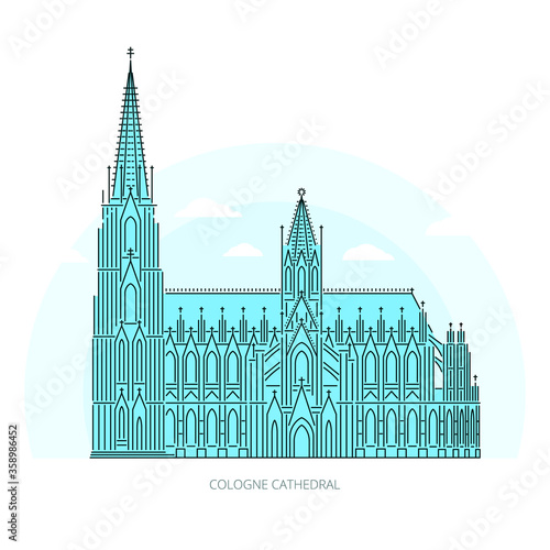 Cologne cathedral - landmark of Cologne, Germany. Monument of German Catholicism and Gothic architecture. Linear style outline vector illustration on white background