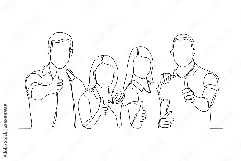 Continuous line drawing of men and women thumb up and embrace together in friendship. Vector illustration Continuous line drawing of men and women thumb up and embrace together in friendship. Vector illustration