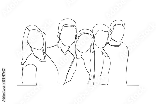 Continuous line drawing of men and women embrace together in friendship. Vector illustration