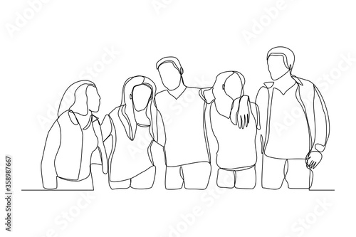 Continuous line drawing of men and women embrace together in friendship. Vector illustration