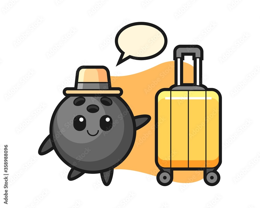 Bowling ball cartoon with luggage on vacation