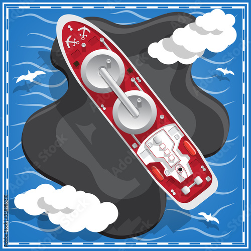 The spill of oil into the sea. Ecological problem. View from above. Vector illustration.