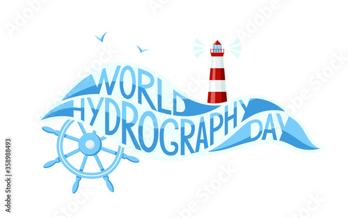 Hydrodraphy day greeting card. Vector illustration with lighthouse, ship steering wheel and seagulls photo
