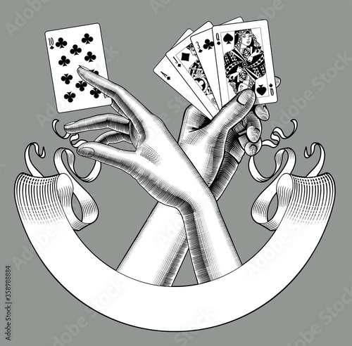 Engraved vintage drawing of  female hands with playing cards and retro ribbon banner