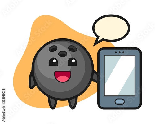 Bowling ball cartoon holding a smartphone