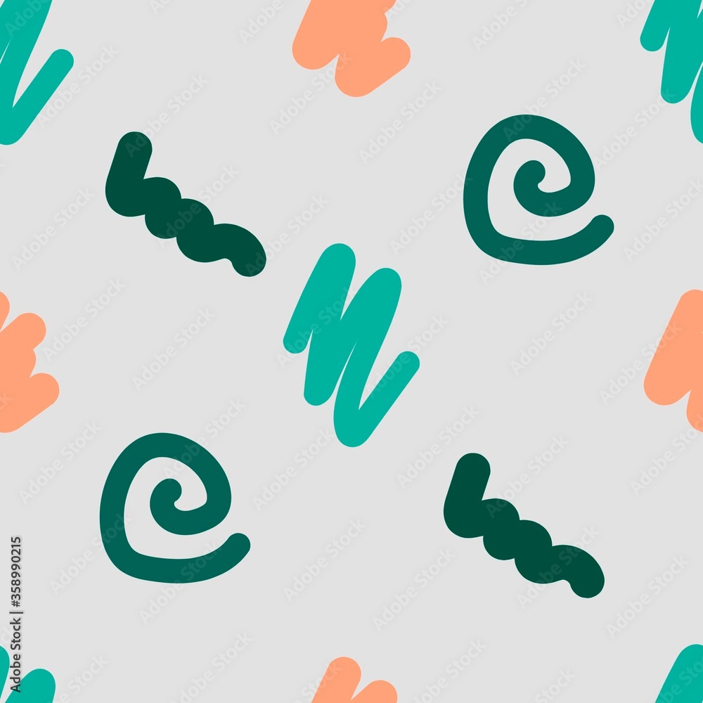 Simple abstract calm vector seamless pattern. Green, beige, blue-turquoise spirals, doodles, curlicues on a gray background. For prints of fabric, textile products, packaging, paper. Simple abstract calm vector seamless pattern. Green, beige, blue-turquoise spirals, doodles, curlicues on a gray background. For prints of fabric, textile products, packaging, paper.