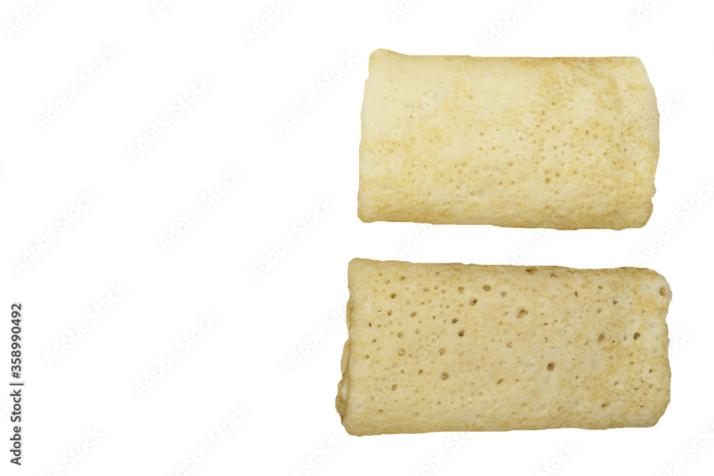 Stuffed pancakes, crepes with filling, isolated on white background.