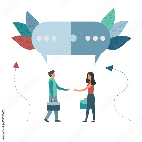 Vector illustration, flat style, businessmen discuss social networks, news, chat, dialogs, speech bubbles, thoughts puzzle