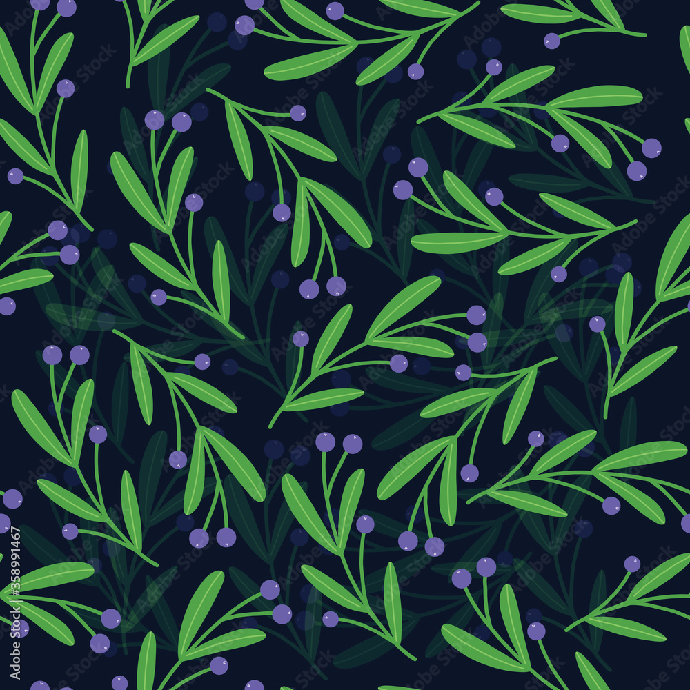 Sprig of blueberry on a dark background. Vector hand drawn seamless pattern. Sprig of blueberry on a dark background. Vector hand drawn seamless pattern.