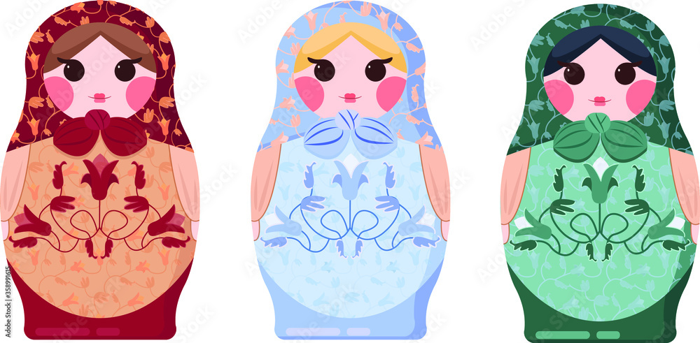 Illustration with 3 russian wooden dolls Matryoshka, russian style, cute souvenirs Illustration with 3 russian wooden dolls Matryoshka, russian style, cute souvenirs