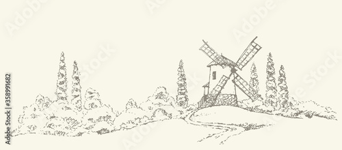 Vector drawing. The outline of the summer landscape with mill
