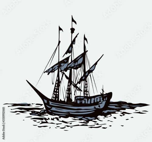 Vector landscape. Sketch of a fishing boat