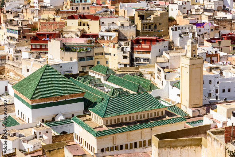 Fototapeta premium It's Spectacular aerial view of Moulay Idriss, the holy town in Morocco, named after Moulay Idriss I arrived in 789 bringing the religion of Islam