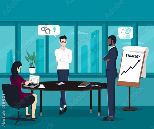 Team working together on a business plan around a round table and brain storming startup ideas. Flat Vector Illustration.