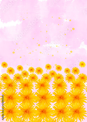 Watercolor painted dandelions in garden on pale pink watercolor painted background with copy space 