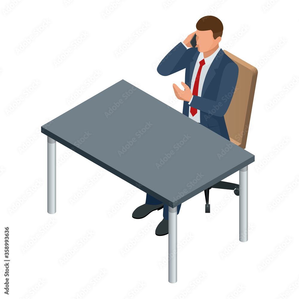 Isometric businessman isolated on write. Creating an office worker character, cartoon people. Businessman sitting at a table and talking on a smartphone Isometric businessman isolated on write. Creating an office worker character, cartoon people. Businessman sitting at a table and talking on a smartphone