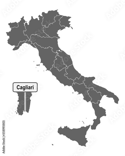 Landkarte von Italien mit Ortsschild von Cagliari © lantapix