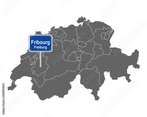 Landkarte der Schweiz mit Ortsschild von Fribourg