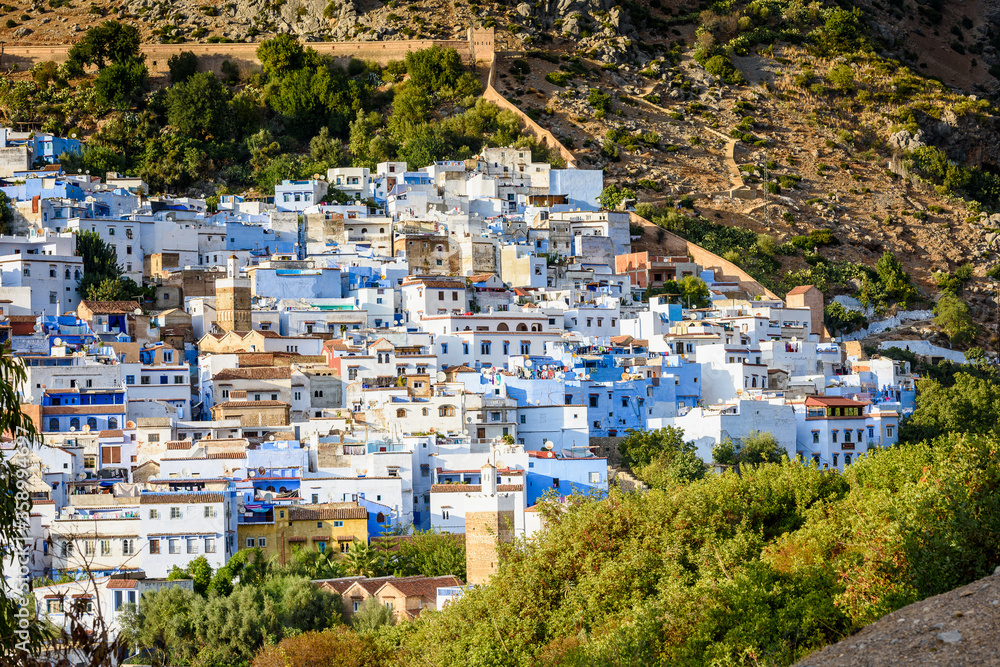 It's Panorama of Chefchaouen, Morocco. Town famous by the blue painted walls of the houses