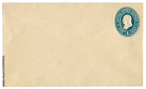 US blanked historical envelope with watermark with blue imprinted One cent stamp with a profile of Benjamin Franklin, The USA, 1892 