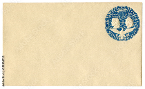 US blanked historical envelope with blue imprinted commemorative postage stamp, landing of Christopher Columbus, 1492-1892, One cent, The USA 