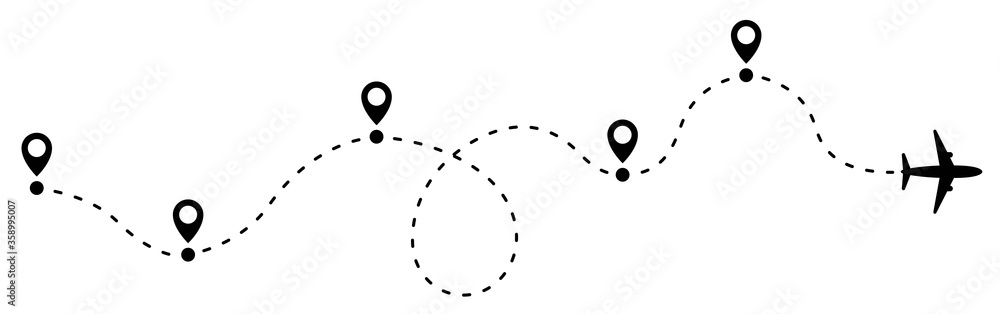 Airplane line path travel line icon set. Airplane path in dotted line shape.Airplane routes set.Romantic travel, heart dashed line trace and plane routes isolated vector illustration.