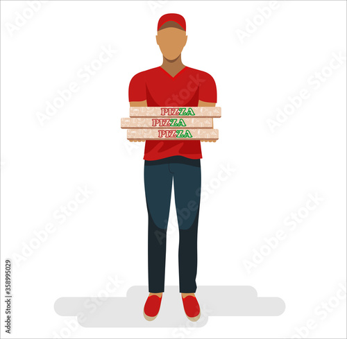Courier with the parcel. A delivery man  holds a cardboard boxes with pizza in his hands.Delivery pizza.Vector illustration in cartoon style