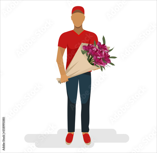 Courier boy holding flowers bouquet.  Flowers delivery service. Flat vector illustration isolated on white background