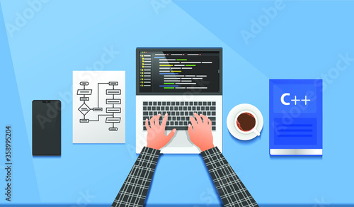Someone is coding for an application project from the top view