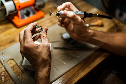 close-up. The jeweler makes a silver ring. On the island of Bali. Indonesia