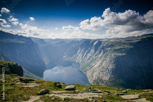 panorama of the fjord in Norway. view of the fjord. Two rocks over a cliff. Mountain lake and stone cliffs. Norwegian view from the mountain