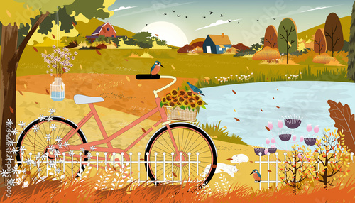 Autumn landscape with farmhouse and Kingfisher bird standing on bicycle near the lake,Vector late Summer in countryside with wood barn, wild flower and grass fields on hills.Eco Farming agriculture