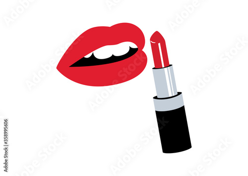 Sexy mouth with red lipstick icon vector. Red lipstick icon vector. Hot lips with red lipstick icon vector. Glossy lipstick icon isolated on a white background