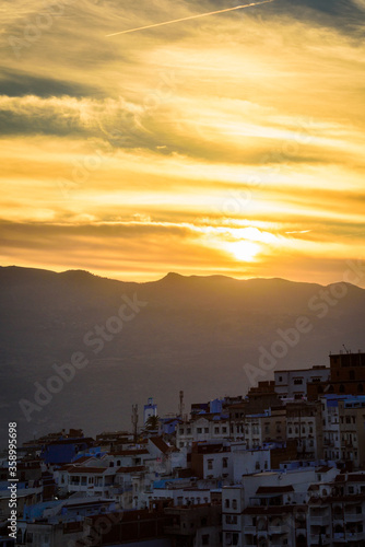 It's Panorama of Chefchaouen, Morocco. Town famous by the blue painted walls of the houses