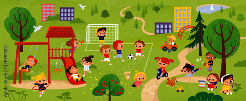 Children playing in the park. Playground with kids. Summer background. Kids summer activities outdoors.