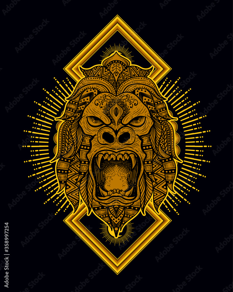 Illustration vector gorilla head mandala style with sacred geometry. Illustration vector gorilla head mandala style with sacred geometry.