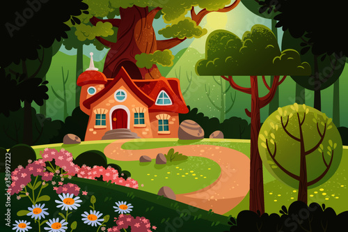 Summer forest. Woodland with cartoon house and sunlight. Fairy tale forest picture.
