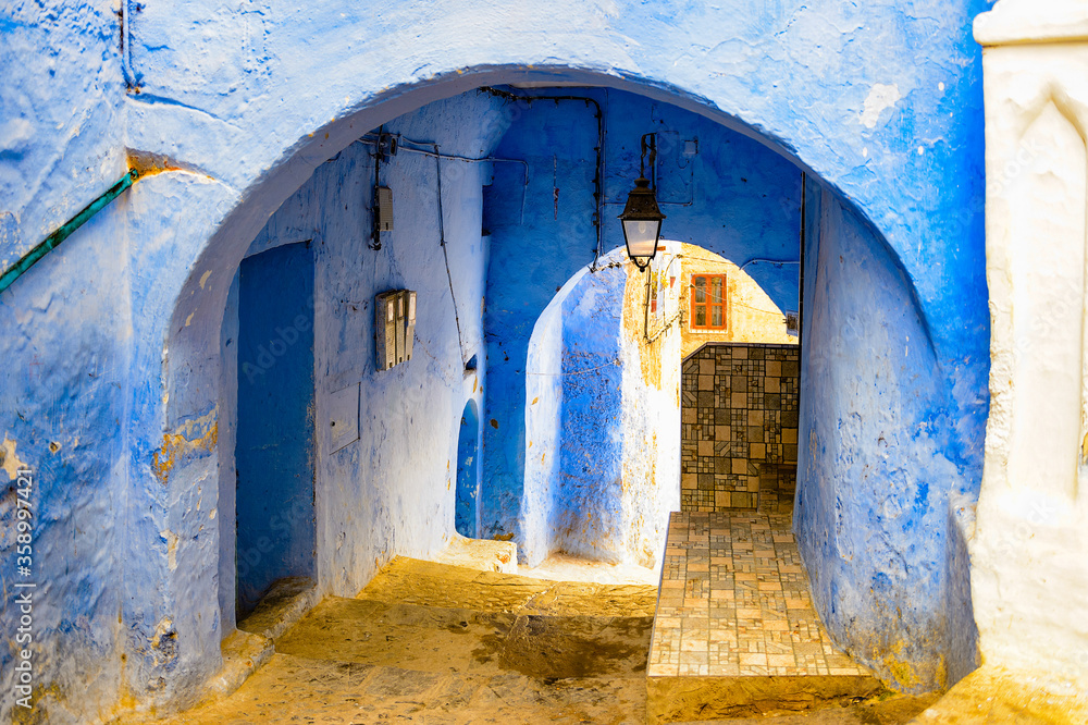 Naklejka premium It's Blue walls of the houses of Chefchaouen, Morocco.