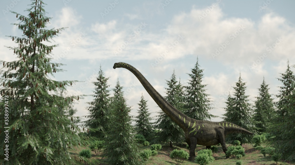 Fototapeta premium Renderowanie 3D spaceru i wypasu dinozaurów mamenchisaurus