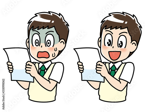 高校生　男子　男子高生　 テスト　セット　ビフォアフター　ショック　結果　喜び　学力アップ　プリント　テスト用紙　答案用紙　答案　勉強　制服　学生　中学生　中高生　生徒　　教育　学校　スクール　授業　学習　勉強　予備校　塾　試験　受験生　受験　夏期講習　机　夏服　10代　学生服　半袖　かわいい　若い　男　男の子　男性　男子学生　アニメ　マンガ　まんが　漫画　キャラクター　元気　manga