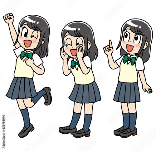 高校生　女子　女子高生　手を上げる　ポイント　指差し　声をかける　手を添える　応援　表情　セット　バリエーション　複数　ポーズ　仕草　ジェスチャー　制服　学生　中学生　中高生　生徒　教育　学校　スクール　授業　学習　勉強　予備校　塾　試験　受験生　受験　夏期講習　夏服　10代　学生服　
半袖　かわいい　若い　女子　女の子　女性　女子学生　アニメ　マンガ　まんが　漫画　キャラクター　
