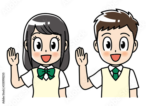 高校生　男女　セット　手を上げる　中学生　制服　学生　中高生　生徒　はい　答える　意見　教育　学校　スクール　授業　学習　勉強　予備校　塾　試験　受験生　受験　夏期講習　夏服　10代　学生服　半袖　かわいい　若い　男　女　男の子　女服　男子学生　女子学生　男性　女性　アニメ　マンガ　まんが　漫画　キャラクター　元気　manga
