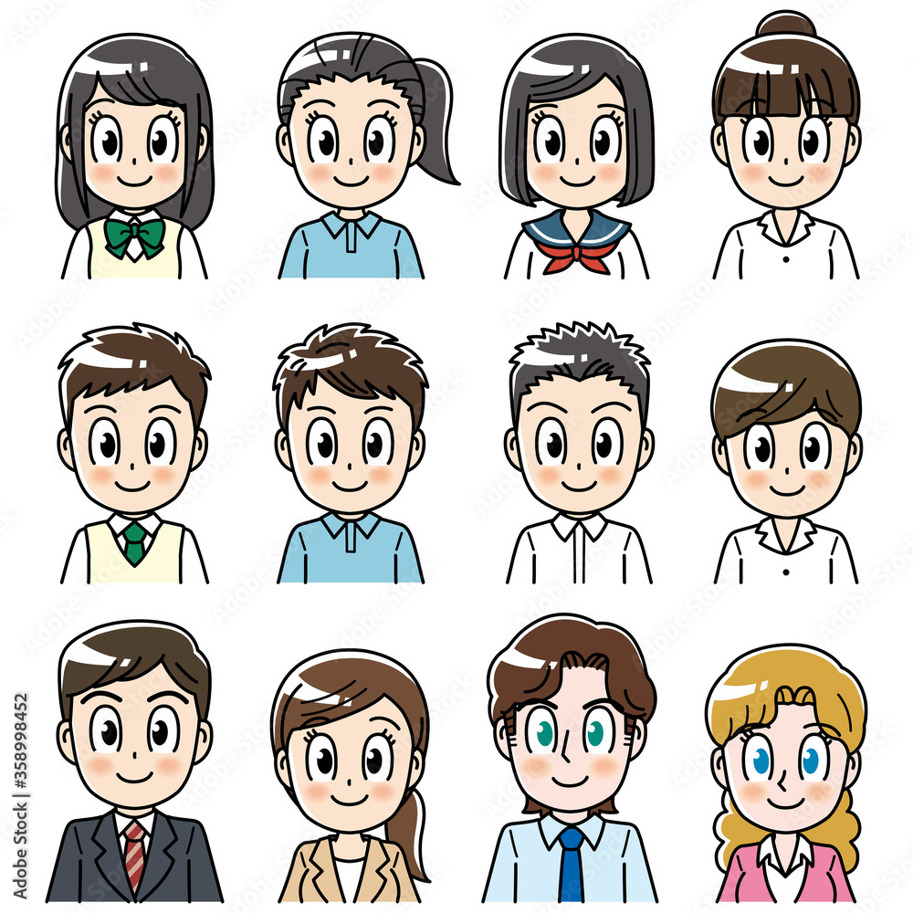 高校生　生徒　先生　セット　顔　人々　バリエーション　アイコン　表情　セット　ひとそろい　笑顔　制服　学生　中学生　中高生　女子　男子　男女　ALT　外国語指導　外人　外人の先生　教育　学校　スクール　授業　学習　勉強　予備校　塾　試験　受験生　受験　夏期講習　夏服　10代　20代　30代　学生服　半袖　かわいい　女　男　女性　女性　アニメ　まんが　キャラクター　