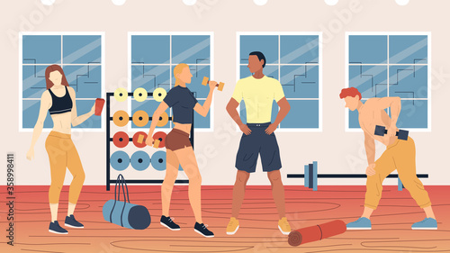 Concept Of Fitness, Health Care And Active Sport. Group Of People Bodybuilders Exercise With Dumbbells In Gym. Men And Women Are Taking Fit Classes Together. Cartoon Flat Style. Vector Illustration