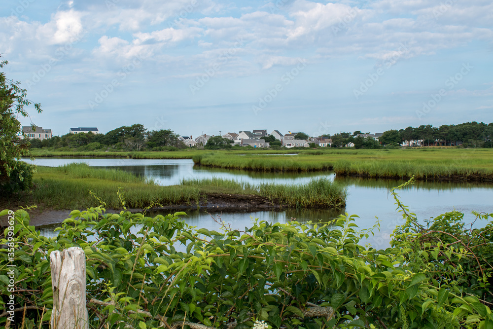 Serene water of the Bass River in Yarmouth, Cape Cod passing through the green reeds of a tidal marsh on a clear summer day during tourist season. Serene water of the Bass River in Yarmouth, Cape Cod passing through the green reeds of a tidal marsh on a clear summer day during tourist season.