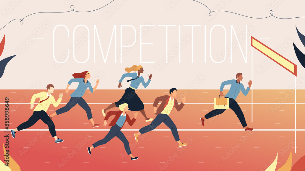 Concept Of Business Marketing Strategies, Teamwork And Competition. Metaphor Of Business Challenge Of Running Multiethnic Business People Group To The Goal. Cartoon Flat Style. Vector Illustration