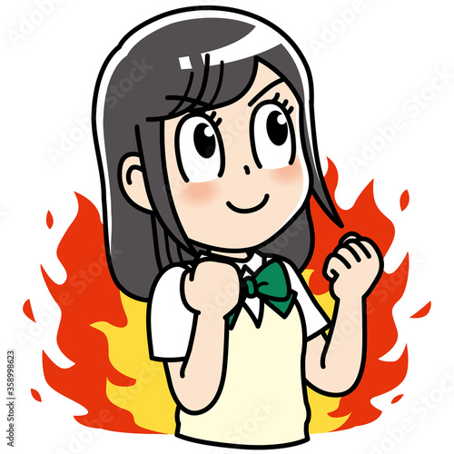 高校生　女子　女子高生　ガッツポーズ 　やる気　燃える　炎　 勉強　制服　学生　中学生　中高生　生徒　教育　学校　スクール　授業　学習　勉強　予備校　塾　試験　受験生　受験　夏期講習　夏服　10代　学生服　半袖　かわいい　若い　女子　女の子　女性　女子学生　女　アニメ　マンガ　まんが　漫画　キャラクター　元気　manga