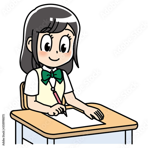高校生　女子　女子高生　テスト　プリント　勉強　制服　学生　中学生　中高生　生徒　テスト　テスト用紙　答案用紙　答案　教育　学校　スクール　授業　学習　勉強　予備校　塾　試験　受験生　受験　夏期講習　机　夏服　10代　学生服　半袖　かわいい　若い　女　女の子　女性　女子学生　アニメ　マンガ　まんが　漫画　キャラクター　元気